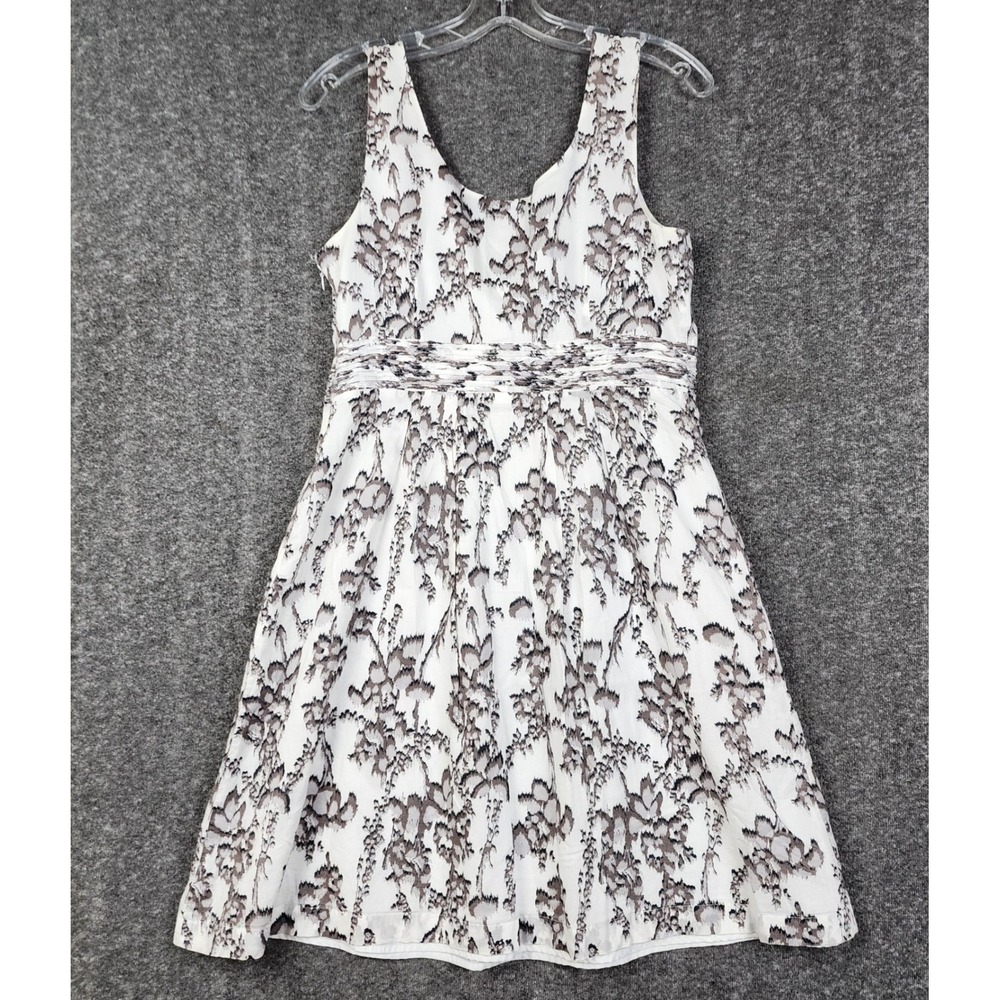 Loft Sleeveless Dress Womens 8P White Grey Floral Ikat Smocked Waist Fit & Flare